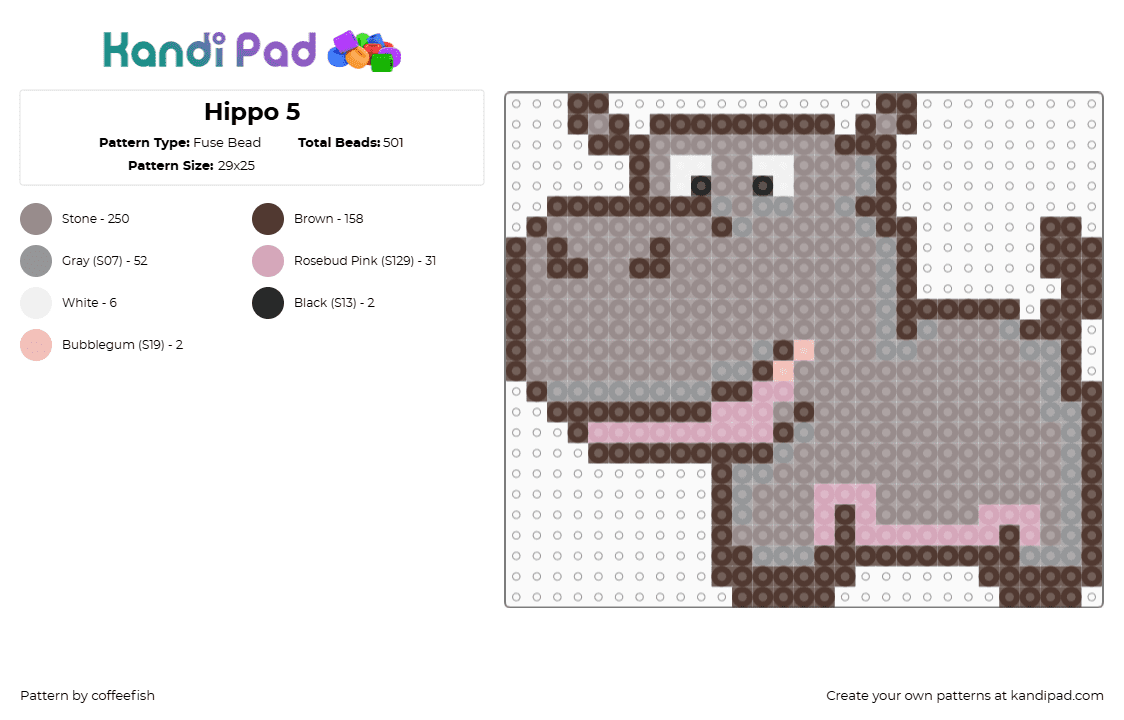 Hippo 5 - Fuse Bead Pattern by coffeefish on Kandi Pad - hippo,animal,character,gray