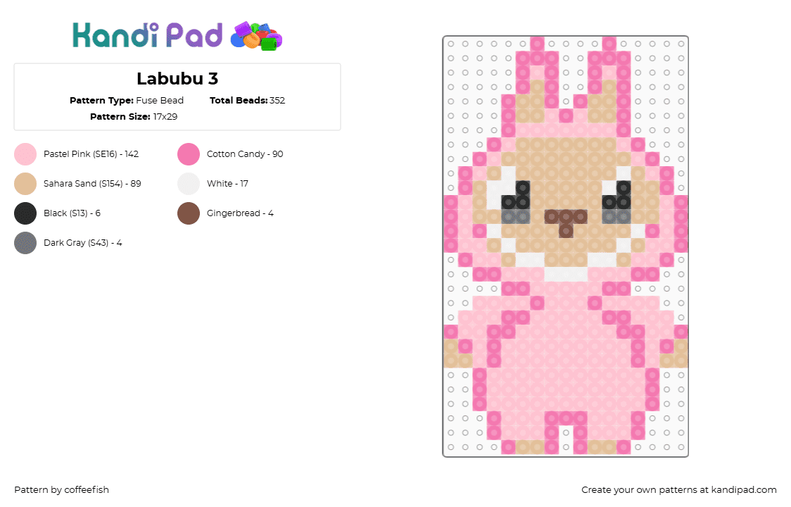 Labubu 3 - Fuse Bead Pattern by coffeefish on Kandi Pad - labubu,monster,bunny,plush,character,toy,creepy,pink,tan