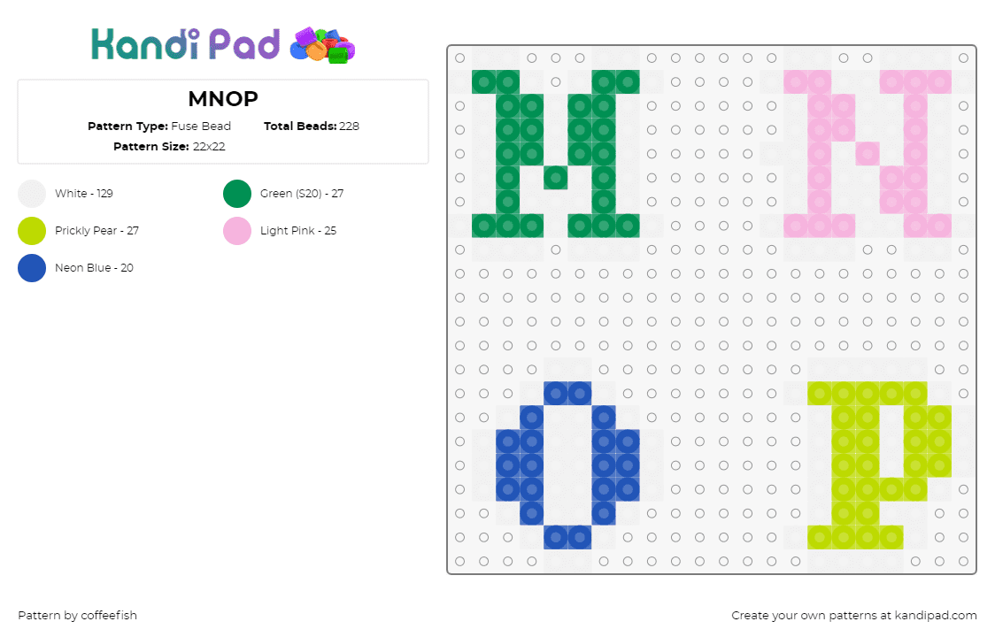 MNOP - Fuse Bead Pattern by coffeefish on Kandi Pad - alphabet,text,letters,colorful,green,pink,blue