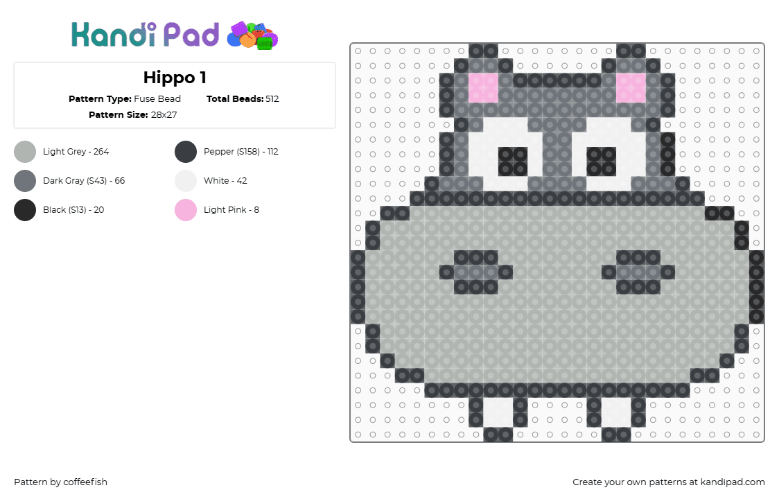 Hippo 1 - Fuse Bead Pattern by coffeefish on Kandi Pad - hippo,animal,head,face,cute,nose,gray