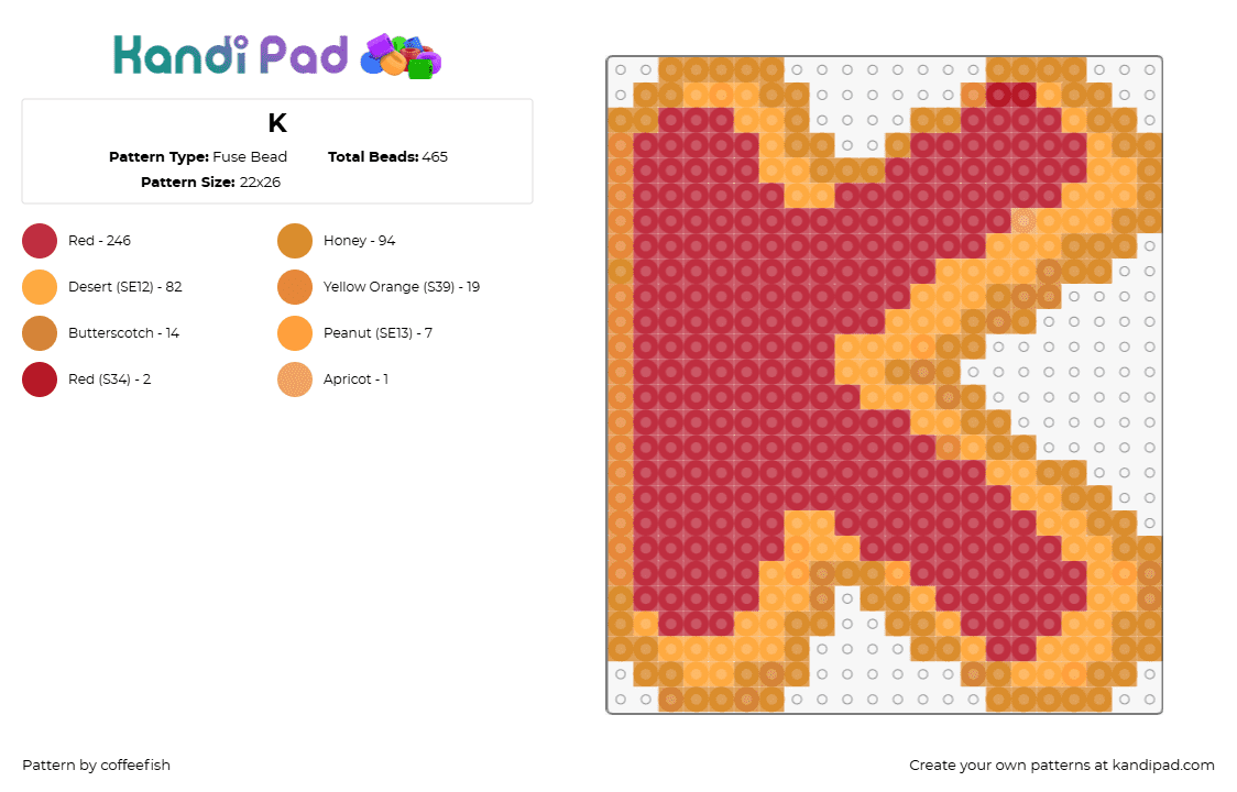 K - Fuse Bead Pattern by coffeefish on Kandi Pad - k,letter,text,graffiti,alphabet,red,orange