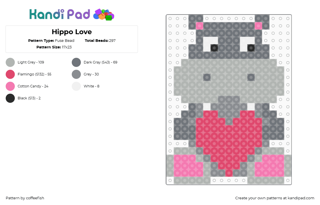 Hippo Love - Fuse Bead Pattern by coffeefish on Kandi Pad - hippo,heart,animal,love,valentine,cute,charm,gray,pink