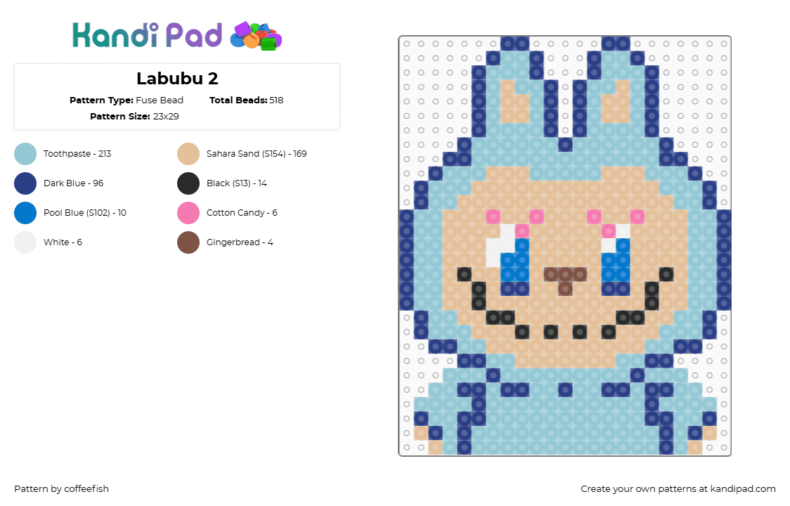 Labubu 2 - Fuse Bead Pattern by coffeefish on Kandi Pad - labubu,monster,bunny,plush,character,toy,creepy,light blue,tan