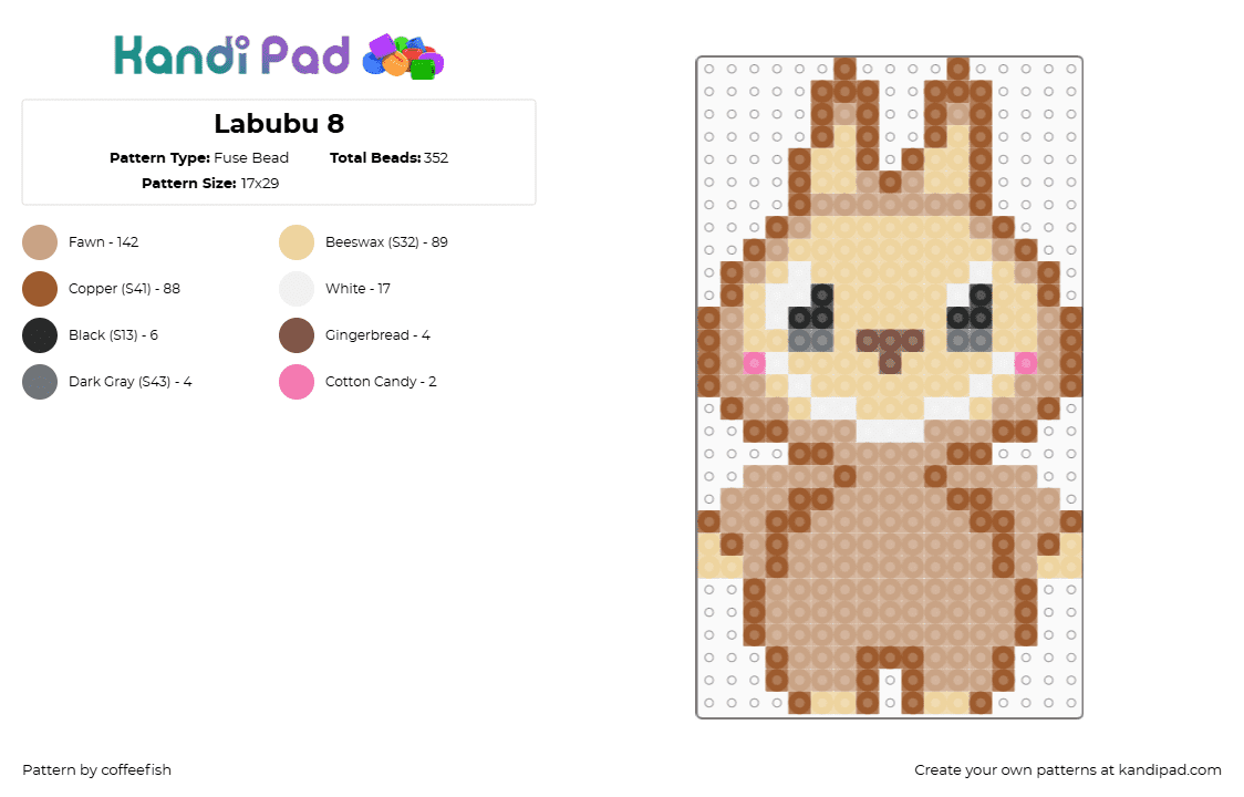 Labubu 8 - Fuse Bead Pattern by coffeefish on Kandi Pad - labubu,monster,bunny,plush,character,toy,creepy,tan