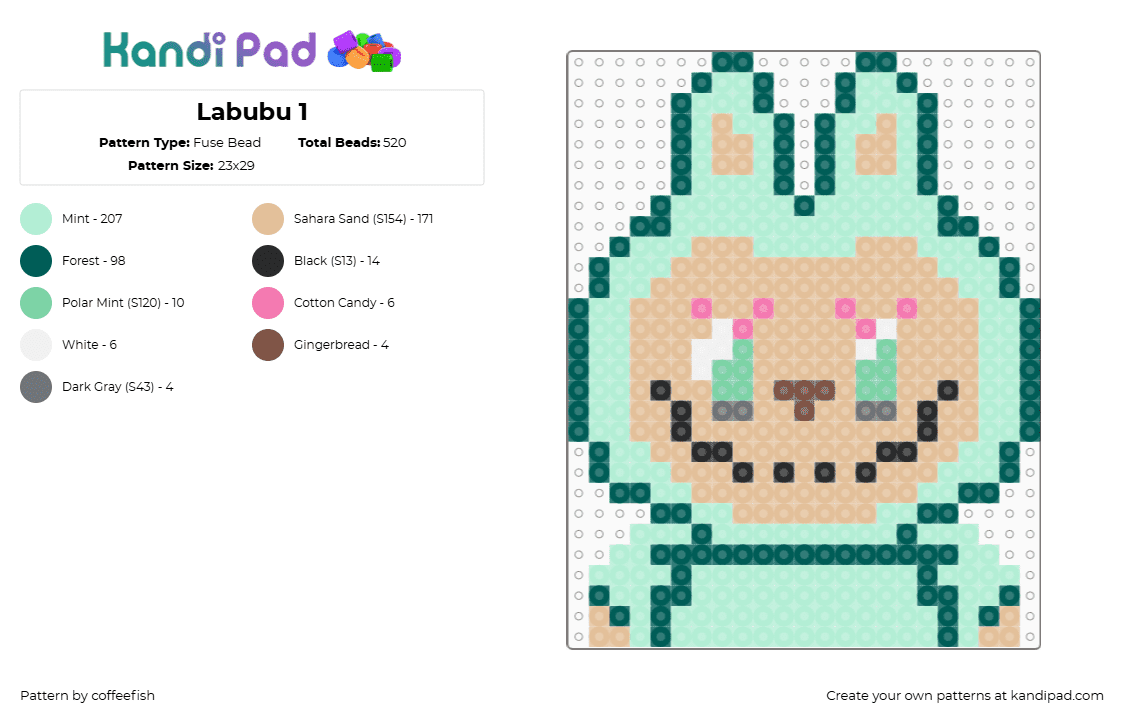 Labubu 1 - Fuse Bead Pattern by coffeefish on Kandi Pad - labubu,monster,bunny,plush,character,toy,creepy,teal,green,tan