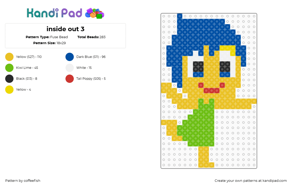 inside out 3 - Fuse Bead Pattern by coffeefish on Kandi Pad - joy,inside out,emotion,character,disney,movie,green,yellow,blue