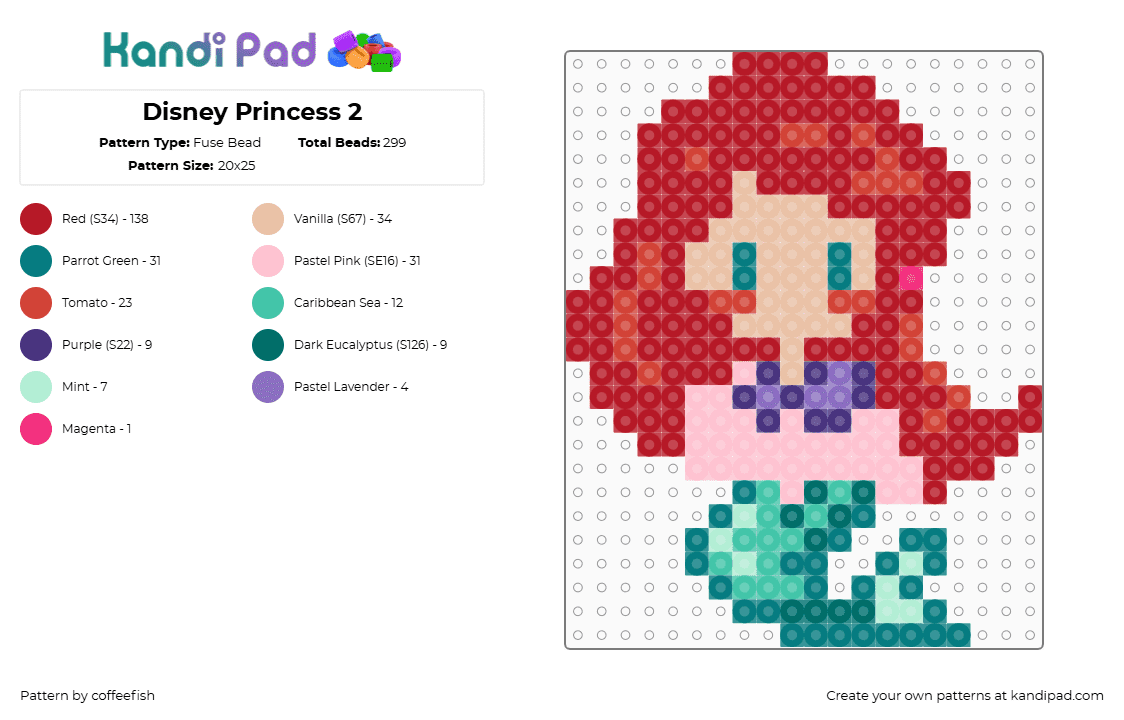 Disney Princess 2 - Fuse Bead Pattern by coffeefish on Kandi Pad - ariel,little mermaid,princess,disney,character,movie,red,teal