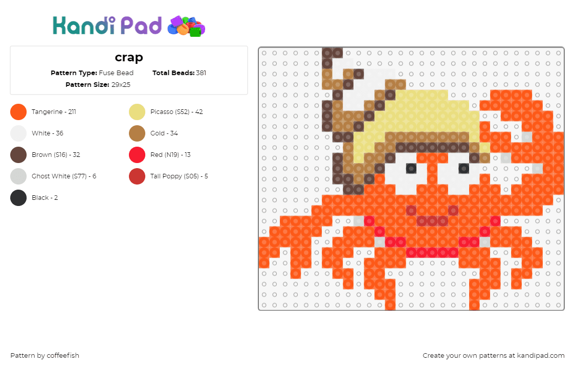 crap - Fuse Bead Pattern by coffeefish on Kandi Pad - crab,shell,crustacean,cute,claw,smile,animal,orange,tan,yellow