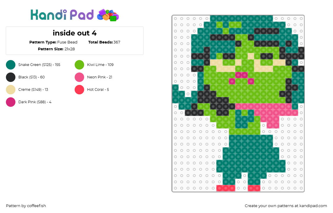 inside out 4 - Fuse Bead Pattern by coffeefish on Kandi Pad - disgust,inside out,emotion,character,disney,movie,green