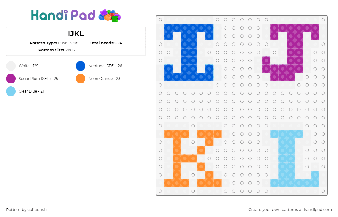 IJKL - Fuse Bead Pattern by coffeefish on Kandi Pad - alphabet,text,letters,colorful,blue,orange,purple,light blue