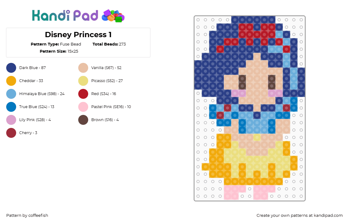 Disney Princess 1 - Fuse Bead Pattern by coffeefish on Kandi Pad - snow white,princess,disney,character,movie,yellow,blue