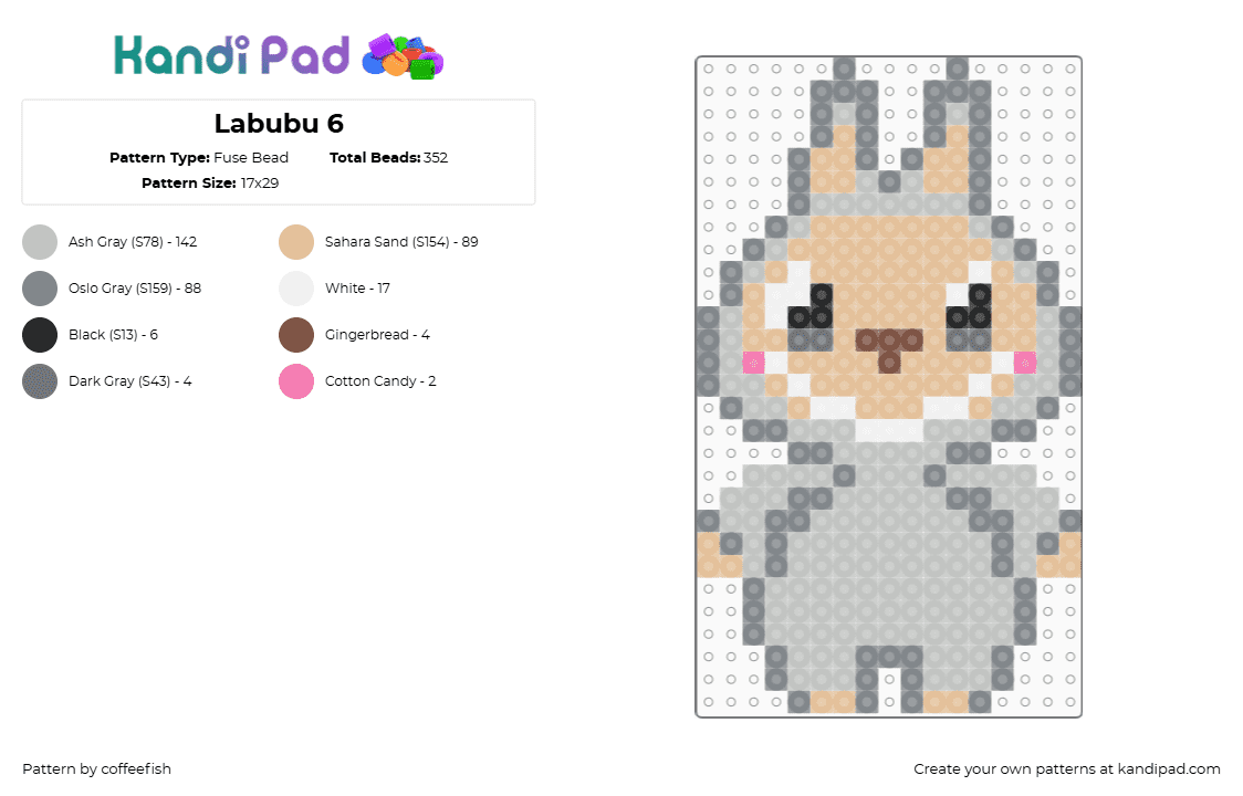 Labubu 6 - Fuse Bead Pattern by coffeefish on Kandi Pad - labubu,monster,bunny,plush,character,toy,creepy,gray,tan