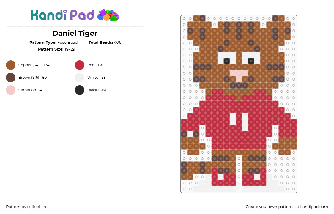 Daniel Tiger - Fuse Bead Pattern by coffeefish on Kandi Pad - daniel tiger,daniel tigers neighborhood,children,character,cartoon,tv show,brown,red