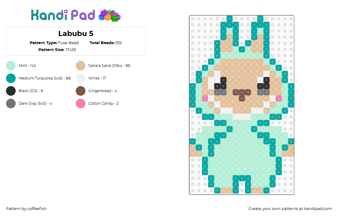 Labubu 5 - Fuse Bead Pattern by coffeefish on Kandi Pad - labubu,monster,bunny,plush,character,toy,creepy,teal,tan