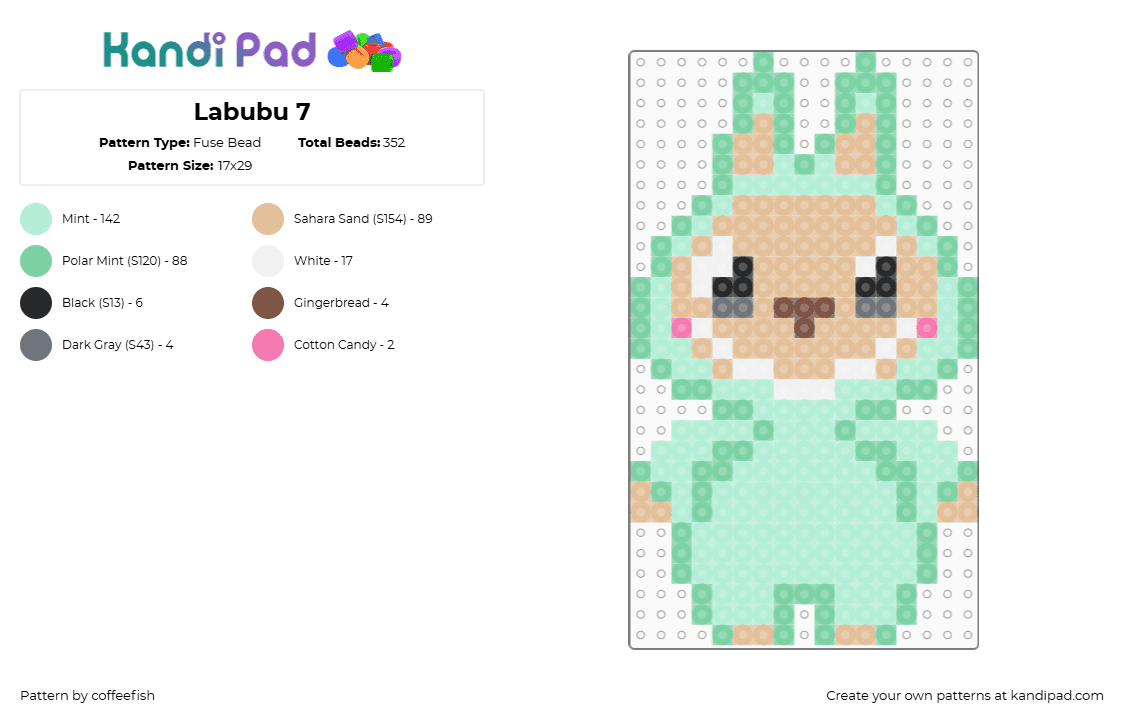 Labubu 7 - Fuse Bead Pattern by coffeefish on Kandi Pad - labubu,monster,bunny,plush,character,toy,creepy,green,teal,tan