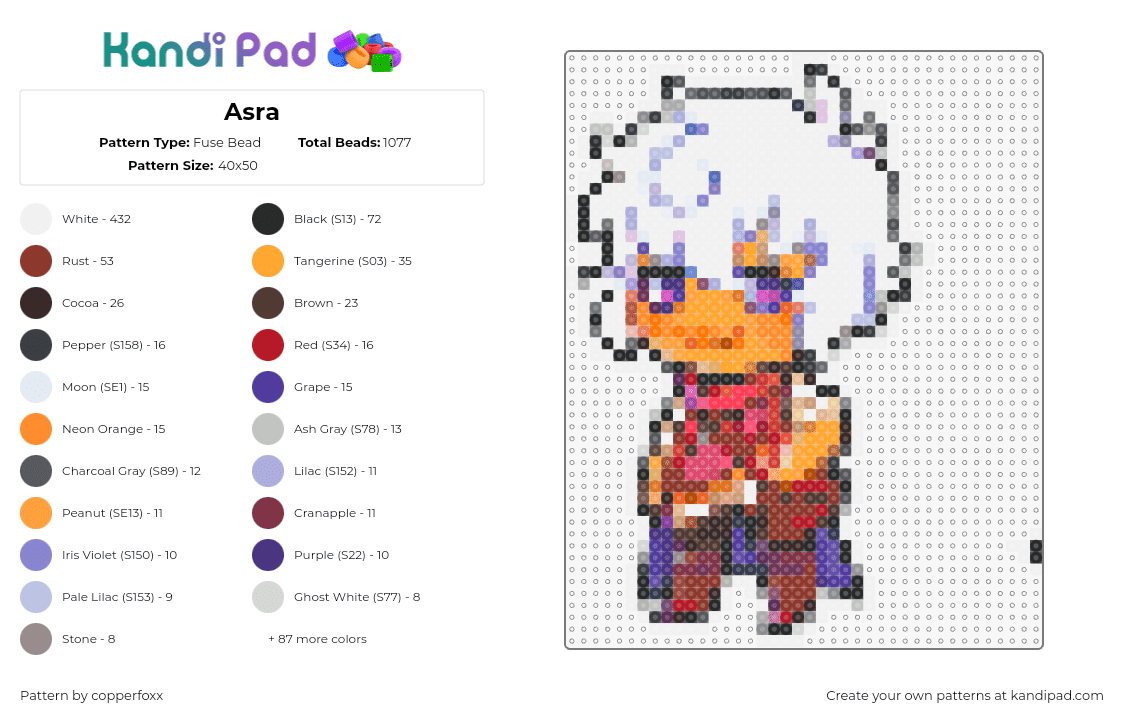 Asra - Fuse Bead Pattern by copperfoxx on Kandi Pad - asra,arcana,character,chibi,game,white,orange