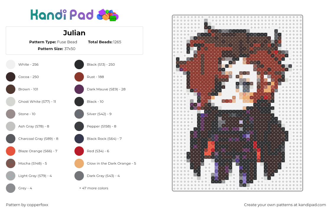 Julian - Fuse Bead Pattern by copperfoxx on Kandi Pad - julian,arcana,character,chibi,game,brown,black