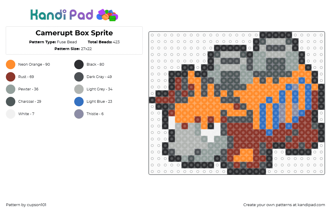 Camerupt Box Sprite - Fuse Bead Pattern by cupson101 on Kandi Pad - gray,orange,red