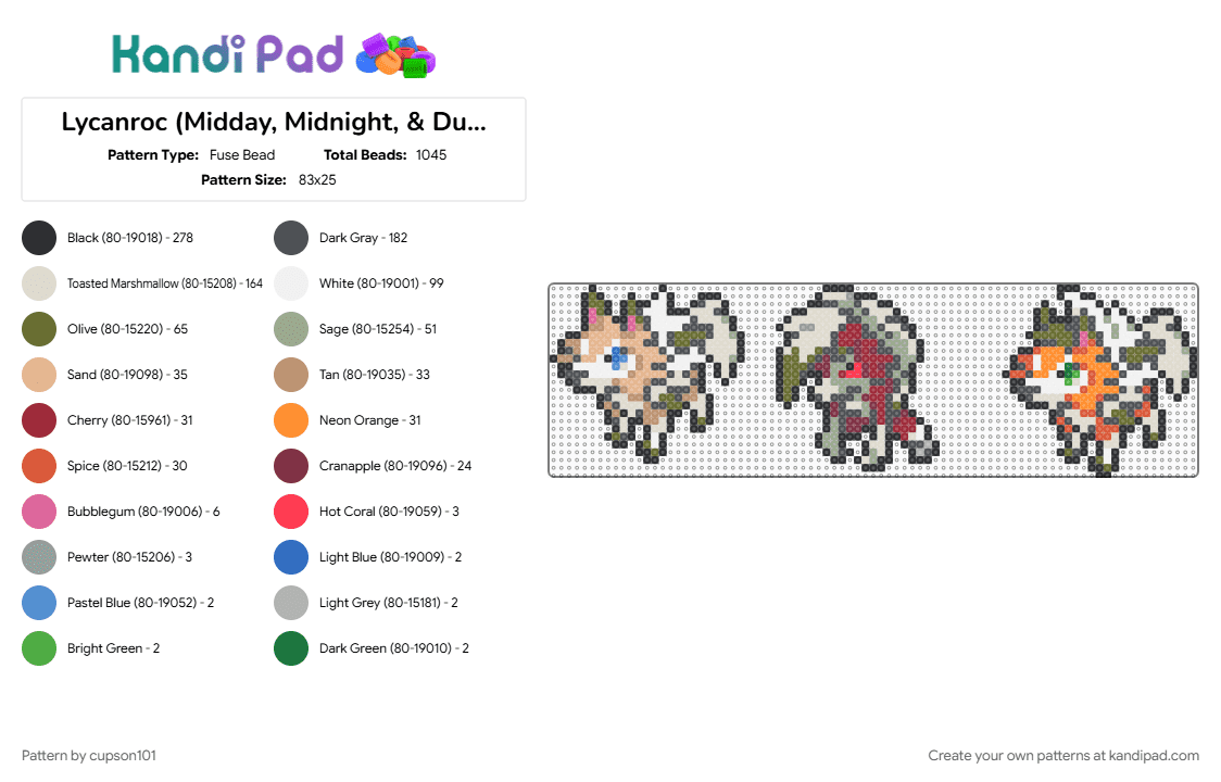 Lycanroc (Midday, Midnight, & Dusk Form) Box Sprites - Fuse Bead Pattern by cupson101 on Kandi Pad - beige, gold, gray, red