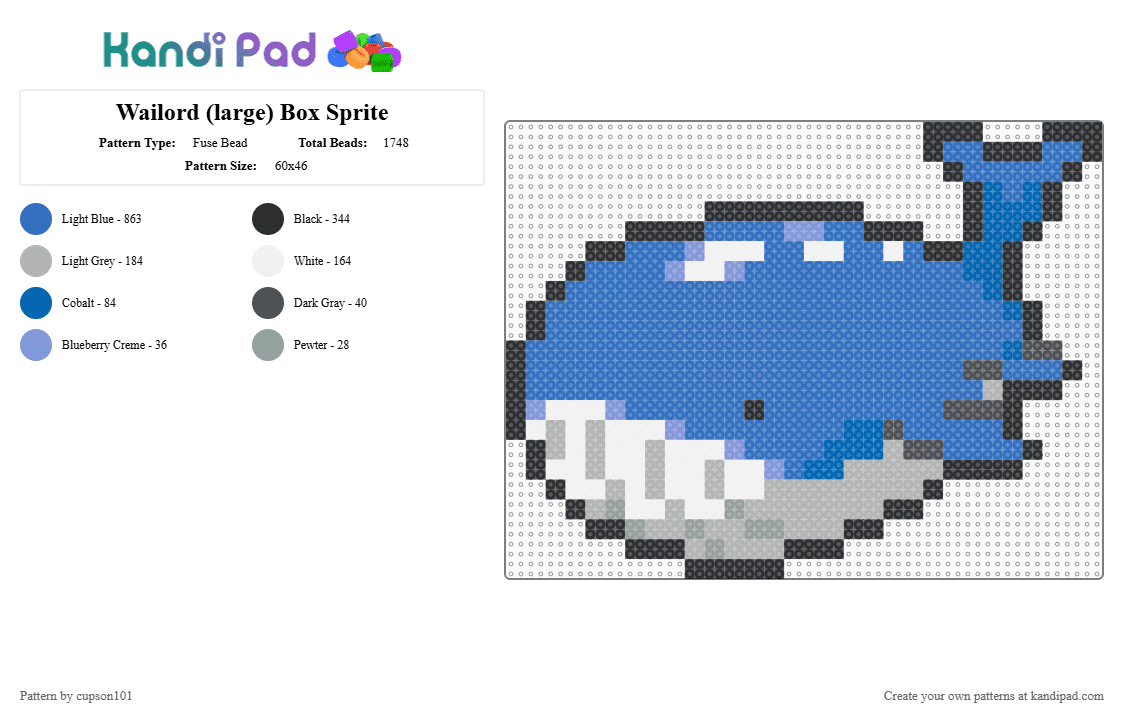Wailord (large) Box Sprite - Fuse Bead Pattern by cupson101 on Kandi Pad - blue