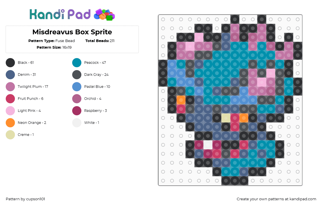 Misdreavus Box Sprite - Fuse Bead Pattern by cupson101 on Kandi Pad - gray,pink,blue,teal