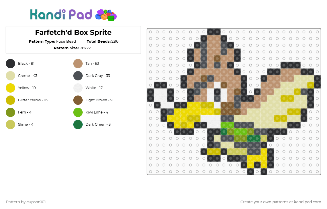 Farfetch\'d Box Sprite - Fuse Bead Pattern by cupson101 on Kandi Pad - farfetchd,pokemon,gray,yellow,beige