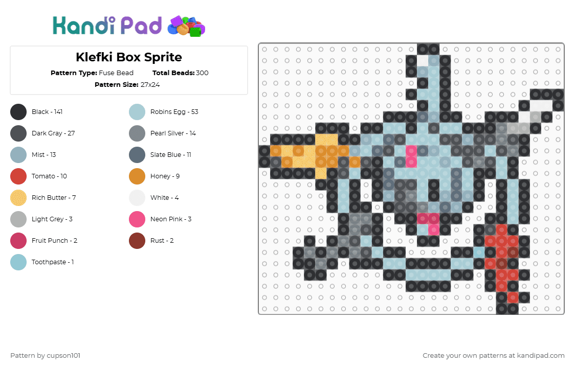 Klefki Box Sprite - Fuse Bead Pattern by cupson101 on Kandi Pad - black,gray,light blue
