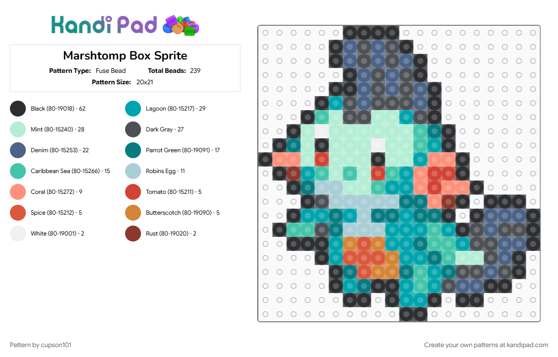 Marshtomp Box Sprite - Fuse Bead Pattern by cupson101 on Kandi Pad - gray, light blue, teal
