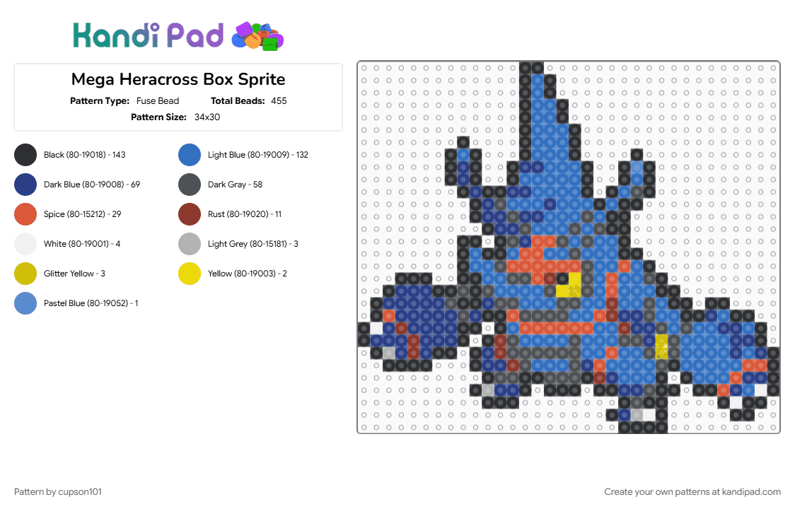 Mega Heracross Box Sprite - Fuse Bead Pattern by cupson101 on Kandi Pad - blue, gray