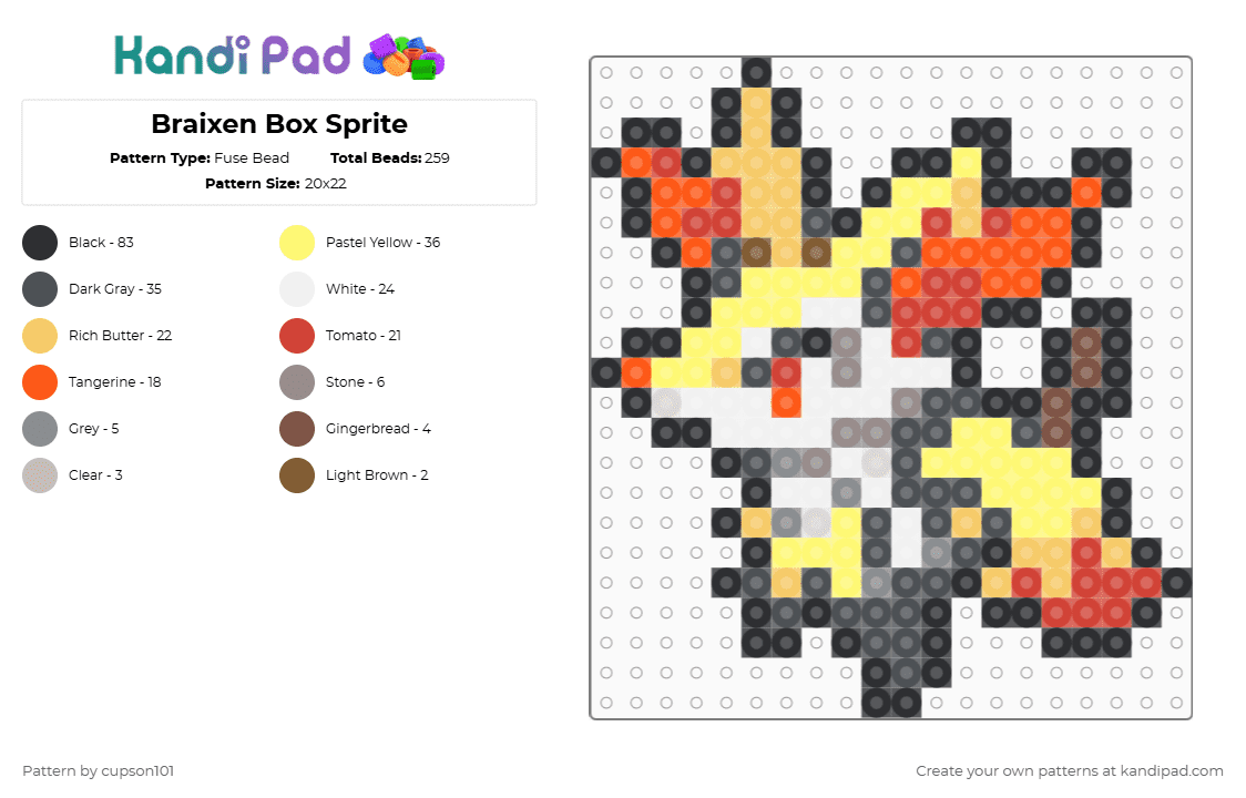 Braixen Box Sprite - Fuse Bead Pattern by cupson101 on Kandi Pad - gray,yellow