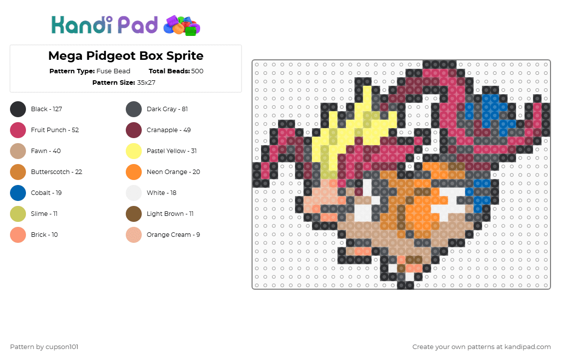Mega Pidgeot Box Sprite - Fuse Bead Pattern by cupson101 on Kandi Pad - colorful, gray, orange, pink