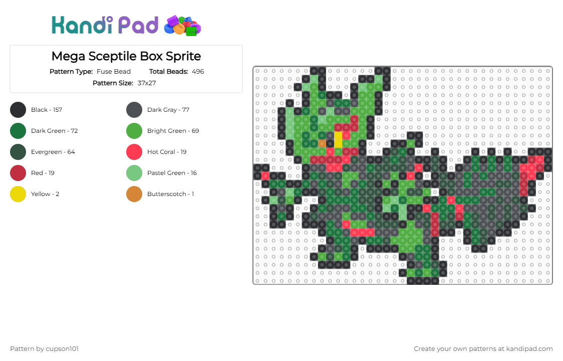 Mega Sceptile Box Sprite - Fuse Bead Pattern by cupson101 on Kandi Pad - gray, green