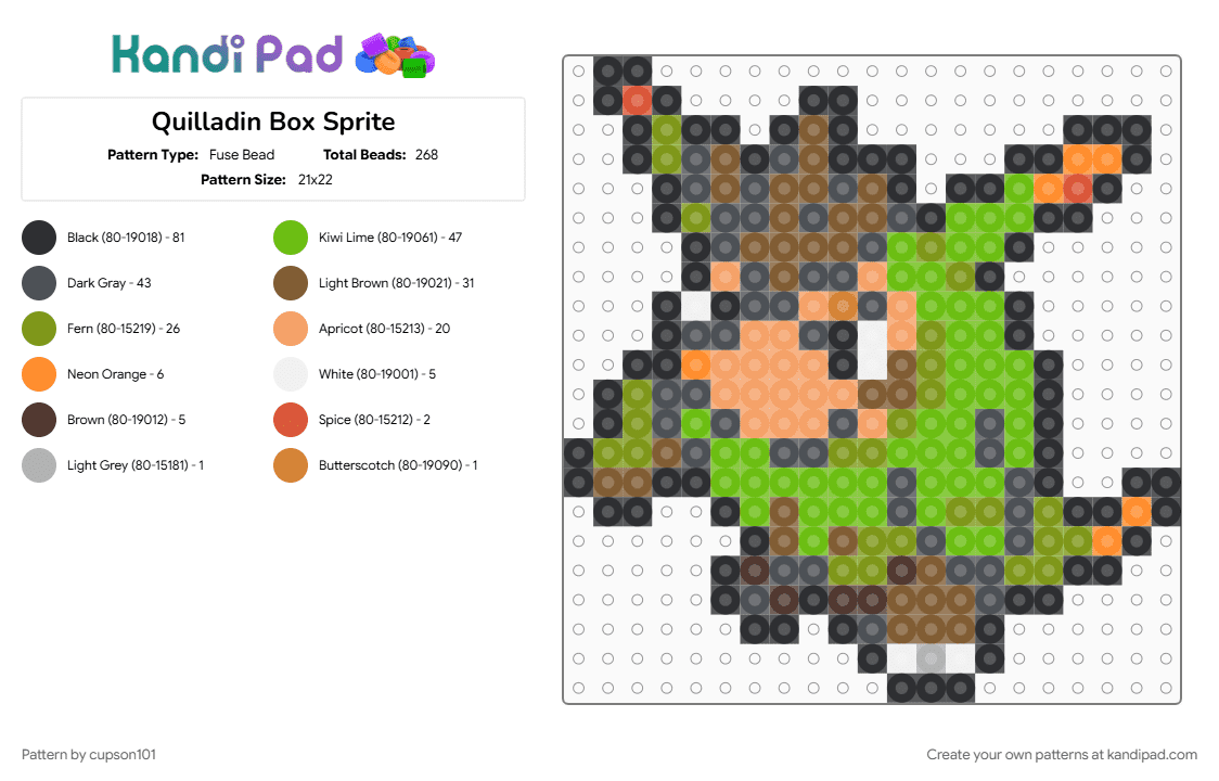 Quilladin Box Sprite - Fuse Bead Pattern by cupson101 on Kandi Pad - colorful, gray, green, tan