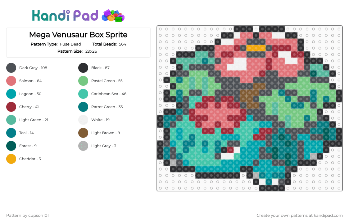Mega Venusaur Box Sprite - Fuse Bead Pattern by cupson101 on Kandi Pad - gray, red, teal