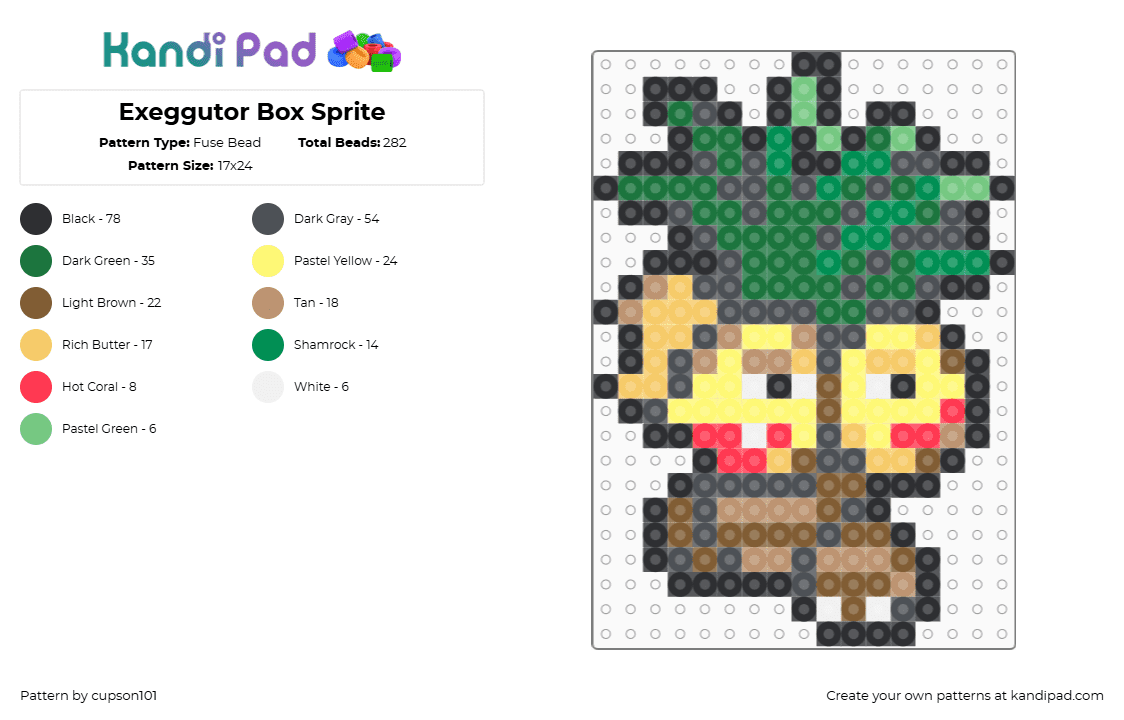 Exeggutor Box Sprite - Fuse Bead Pattern by cupson101 on Kandi Pad - gray,green,yellow