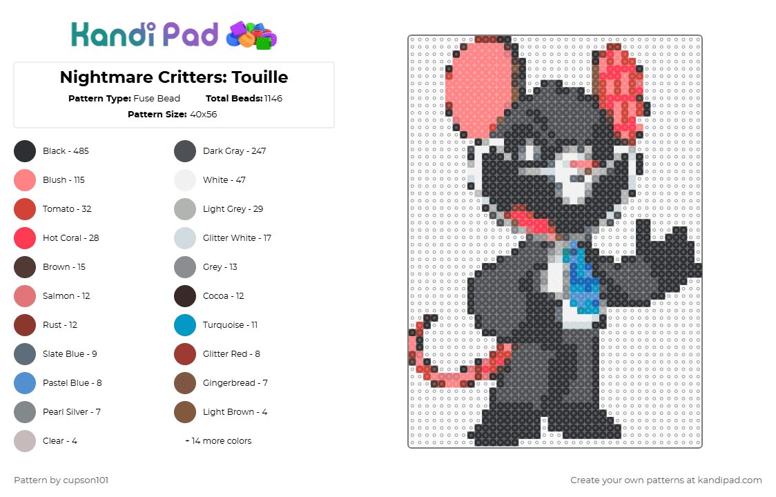 Nightmare Critters: Touille - Fuse Bead Pattern by cupson101 on Kandi Pad - black,red,gray