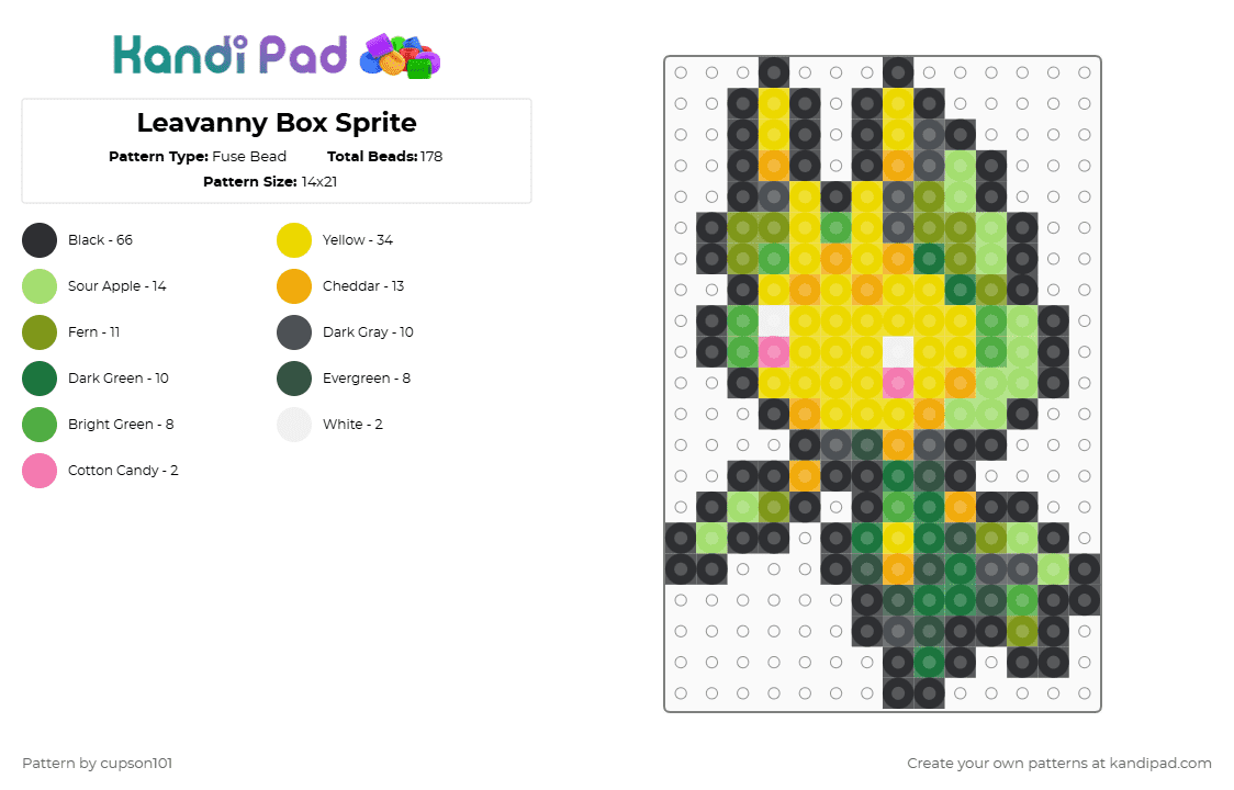 Leavanny Box Sprite - Fuse Bead Pattern by cupson101 on Kandi Pad - gray,yellow,green