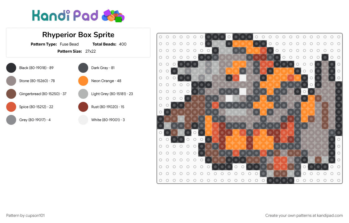 Rhyperior Box Sprite - Fuse Bead Pattern by cupson101 on Kandi Pad - gray