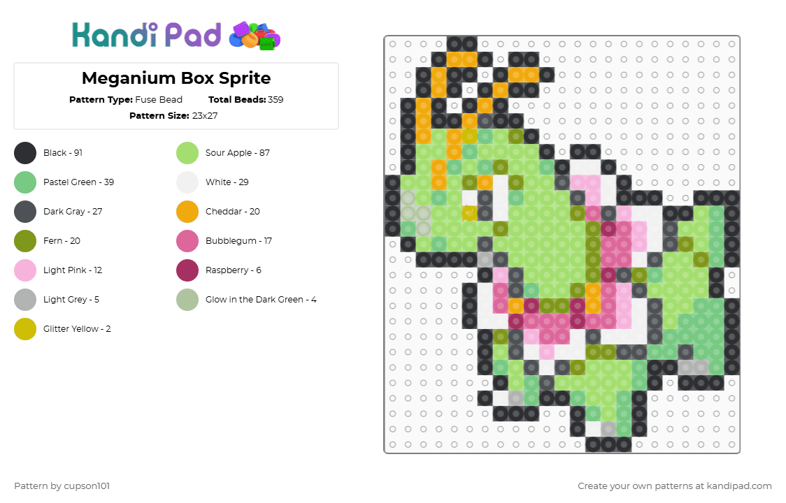 Meganium Box Sprite - Fuse Bead Pattern by cupson101 on Kandi Pad - gray,teal,pink,green