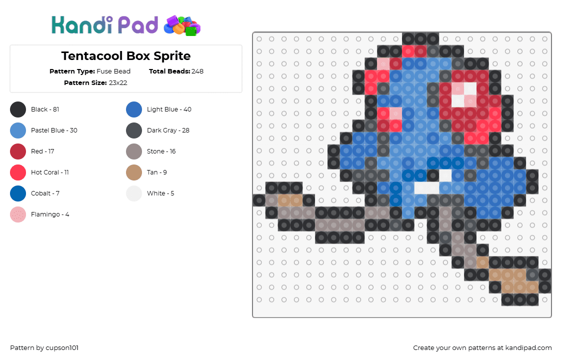 Tentacool Box Sprite - Fuse Bead Pattern by cupson101 on Kandi Pad - tentacool,pokemon,character,gaming,red,blue