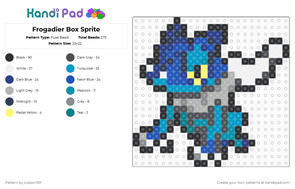 Frogadier Box Sprite - Fuse Bead Pattern by cupson101 on Kandi Pad - gray,blue,light blue