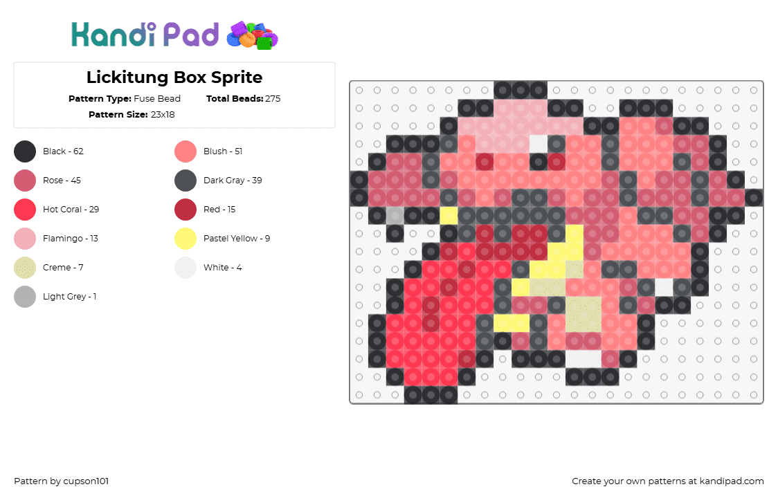 Lickitung Box Sprite - Fuse Bead Pattern by cupson101 on Kandi Pad - lickitung,pokemon,character,tongue,gaming,red,pink