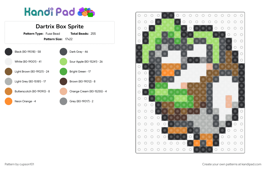 Dartrix Box Sprite - Fuse Bead Pattern by cupson101 on Kandi Pad - gray, green, tan