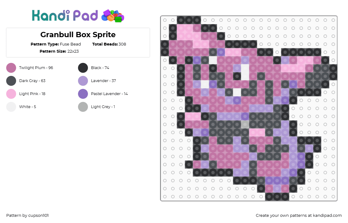 Granbull Box Sprite - Fuse Bead Pattern by cupson101 on Kandi Pad - gray,pink