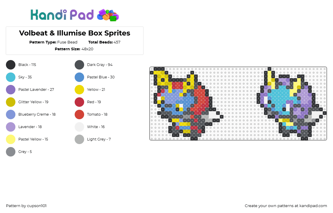 Volbeat & Illumise Box Sprites - Fuse Bead Pattern by cupson101 on Kandi Pad - gray,yellow,light blue
