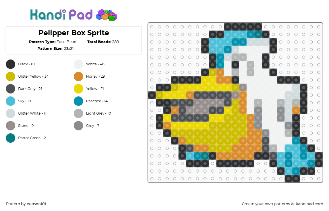 Pelipper Box Sprite - Fuse Bead Pattern by cupson101 on Kandi Pad - gray,yellow,orange