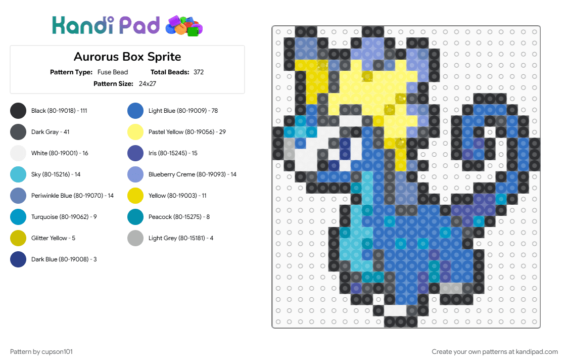Aurorus Box Sprite - Fuse Bead Pattern by cupson101 on Kandi Pad - blue, fossil, gen6, gray, kalos, light blue, pokemon, yellow