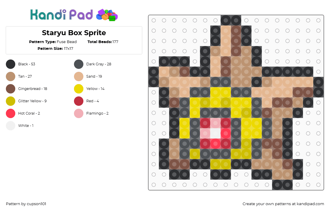 Staryu Box Sprite - Fuse Bead Pattern by cupson101 on Kandi Pad - staryu,pokemon,character,gaming,tan,yellow