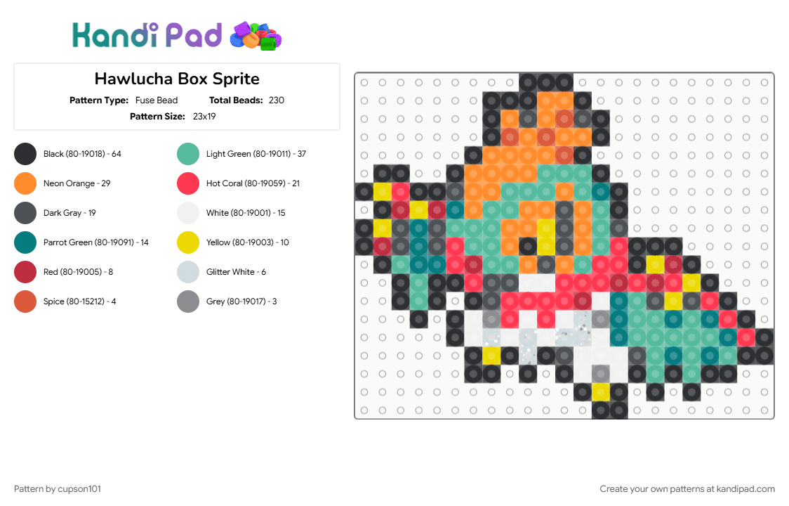Hawlucha Box Sprite - Fuse Bead Pattern by cupson101 on Kandi Pad - orange, red, teal