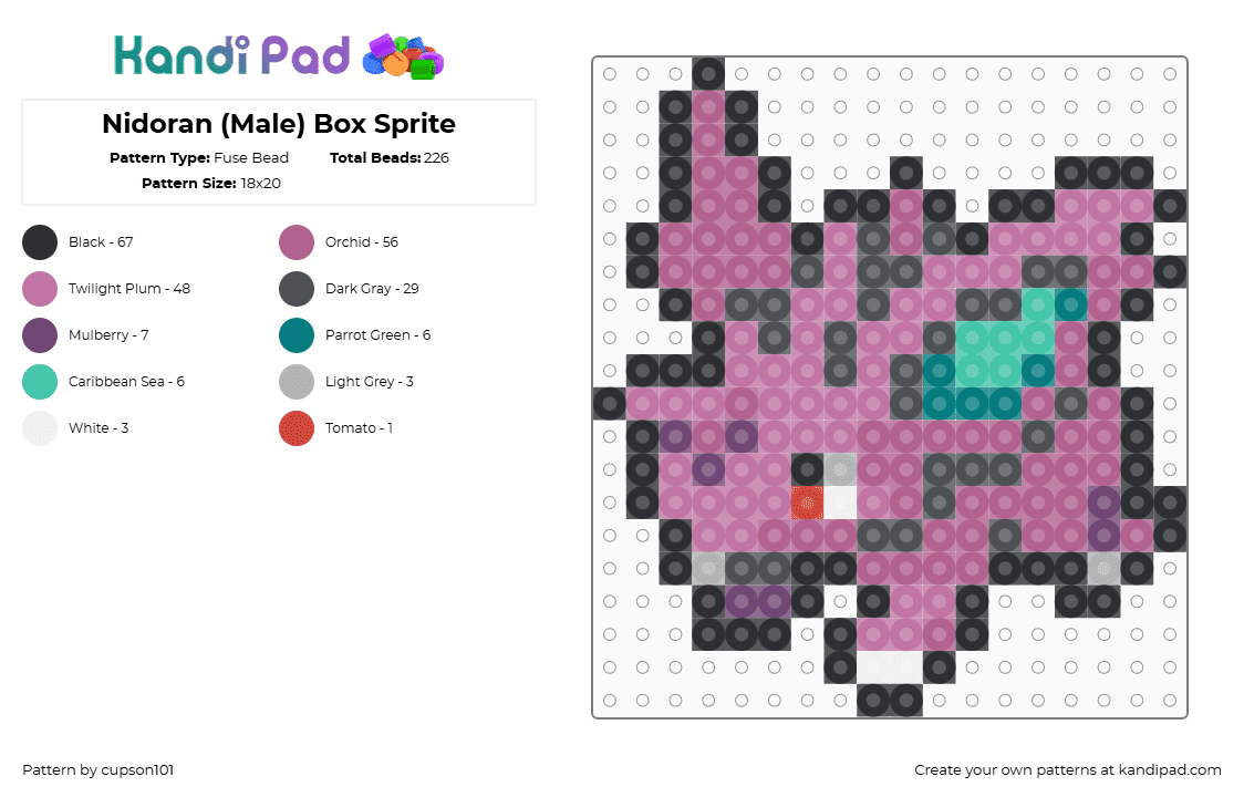 Nidoran (Male) Box Sprite - Fuse Bead Pattern by cupson101 on Kandi Pad - gray,pink